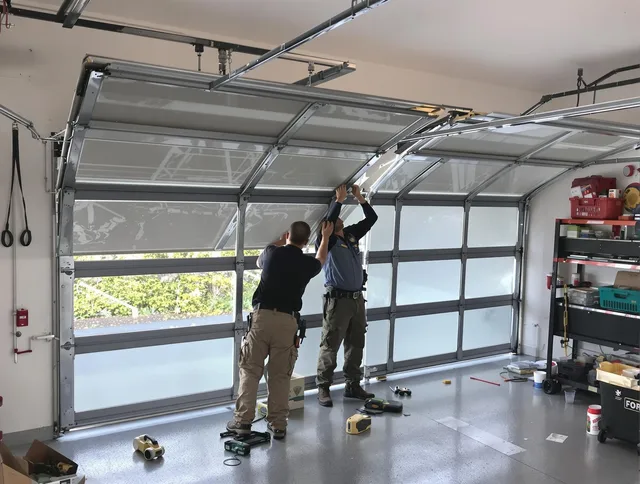 Orange Garage Door Repair expert performing precise panel replacement on Orange garage door