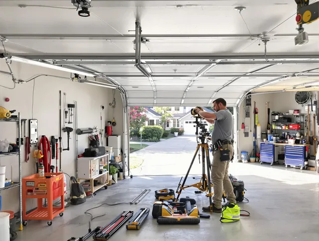 Orange Garage Door Repair specialist performing laser-guided track alignment in Orange